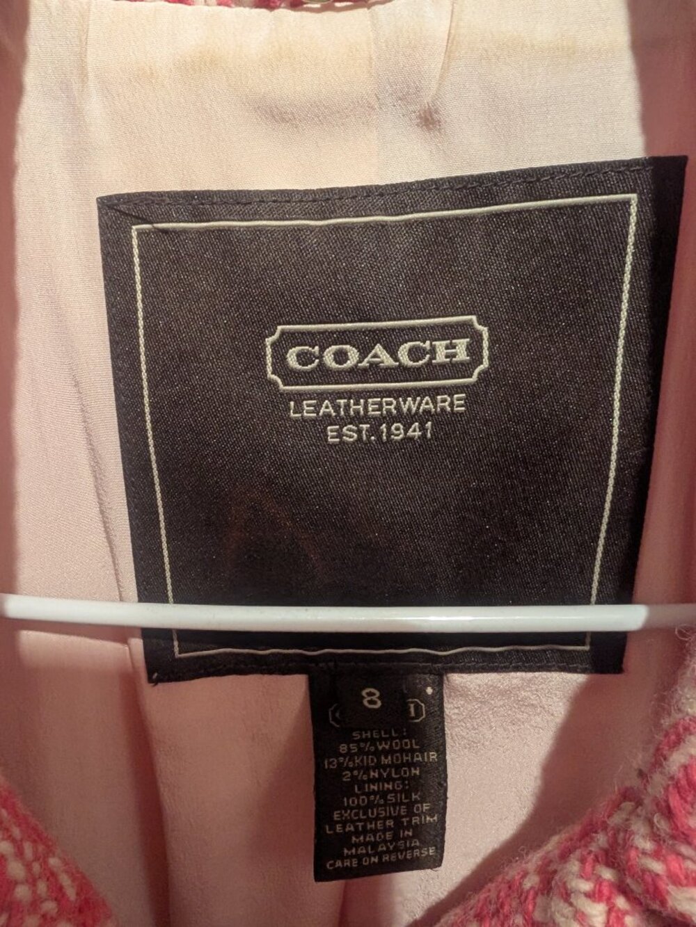 Vintage Coach Pink Wool Mohair Herringbone Pea Coat/Jacket - Size 8 - Picture 4 of 4
